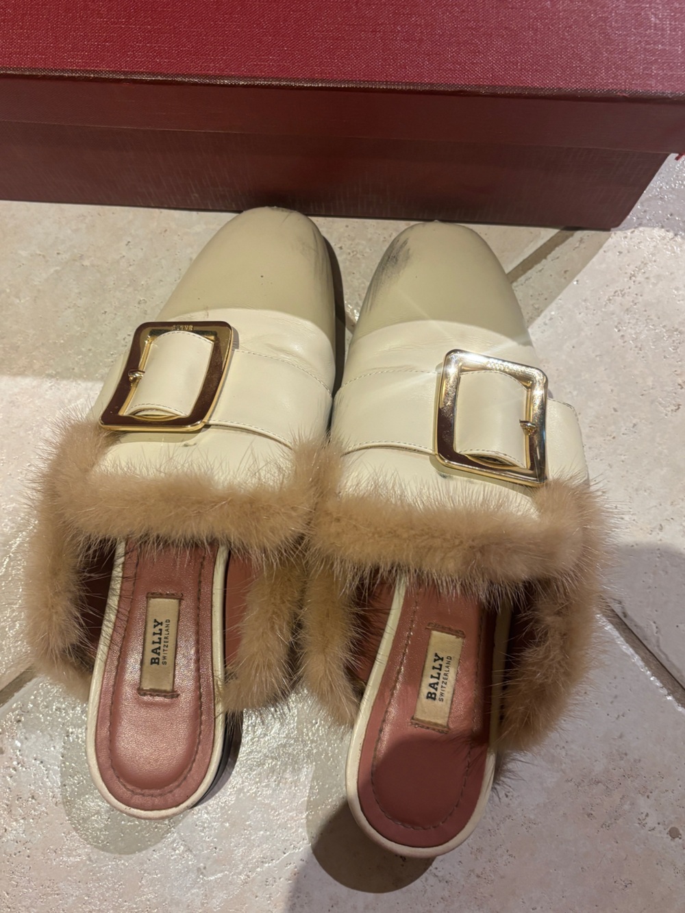 Bally Cream Leather Fur-Trim Mules with Gold Buckle